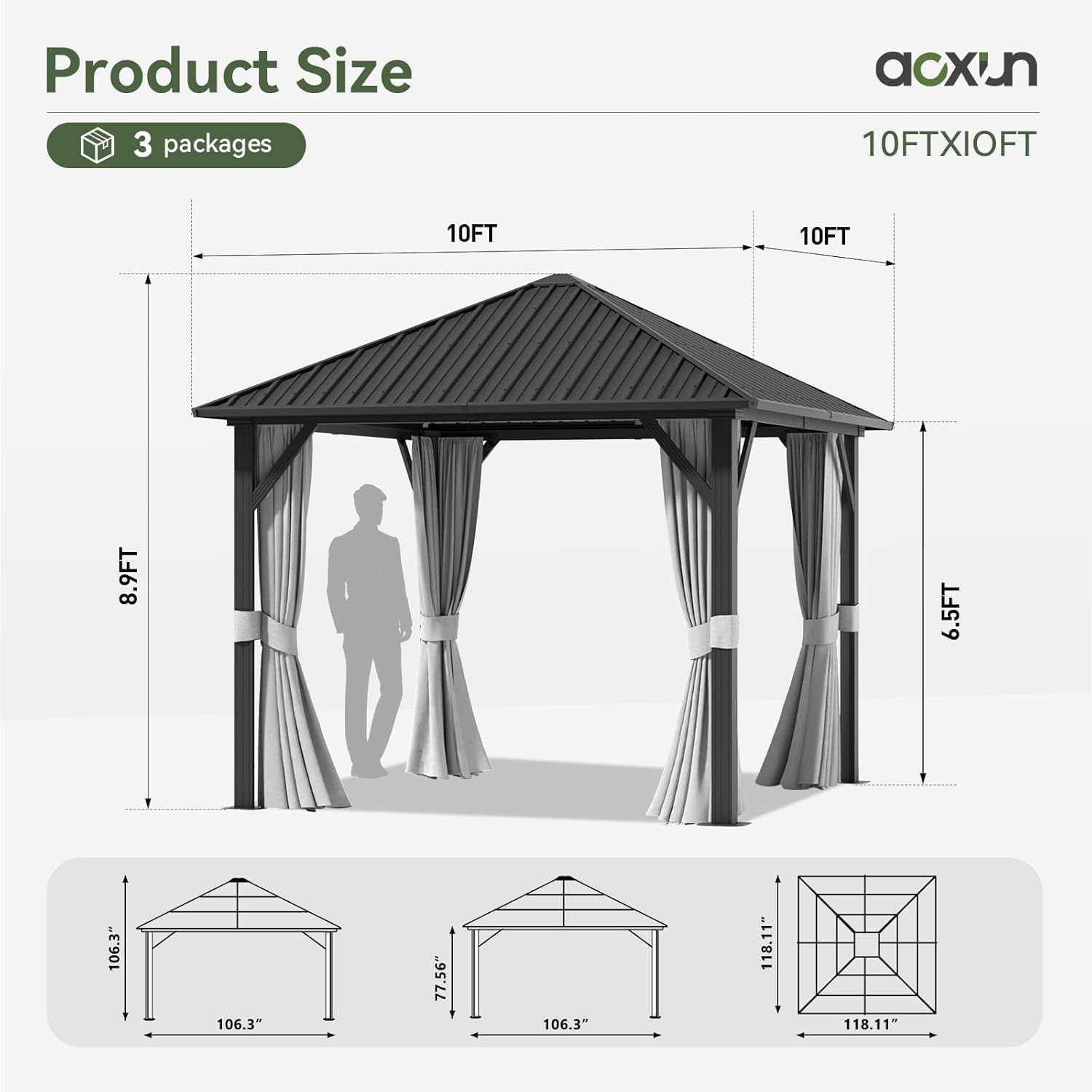 Aoxun Hardtop Gazebo 10x10, Aluminum Frame Canopy with Galvanized Steel Roof, Outdoor Gazebo with Breathable Netting and Privacy Curtain for Backyard
