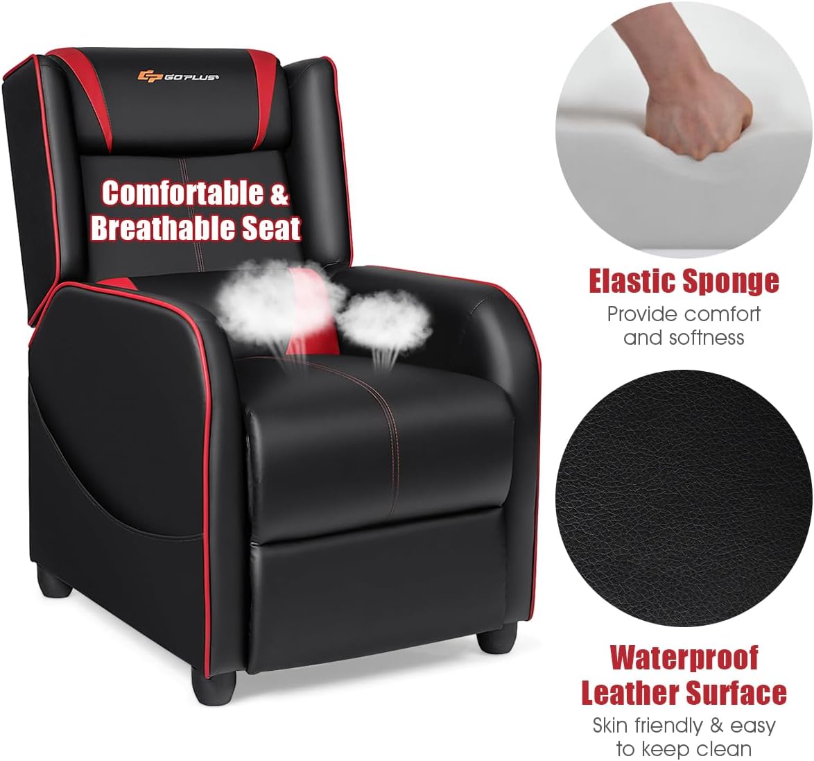 Goplus Massage Gaming Recliner Chair, Racing Style PU Leather Single Recliner Sofa with Footrest, Adjustable Modern Living Room Recliners, Ergonomic Home Theater Recliner Seat (Red)