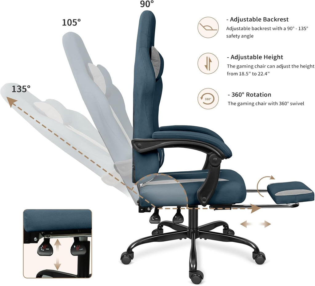 Breathable Fabric Gaming Chair with Footrest, Height Adjustable Game Chair, Video Gaming Chair for Gaming Room, Living Room and Office - Blue/Light Grey