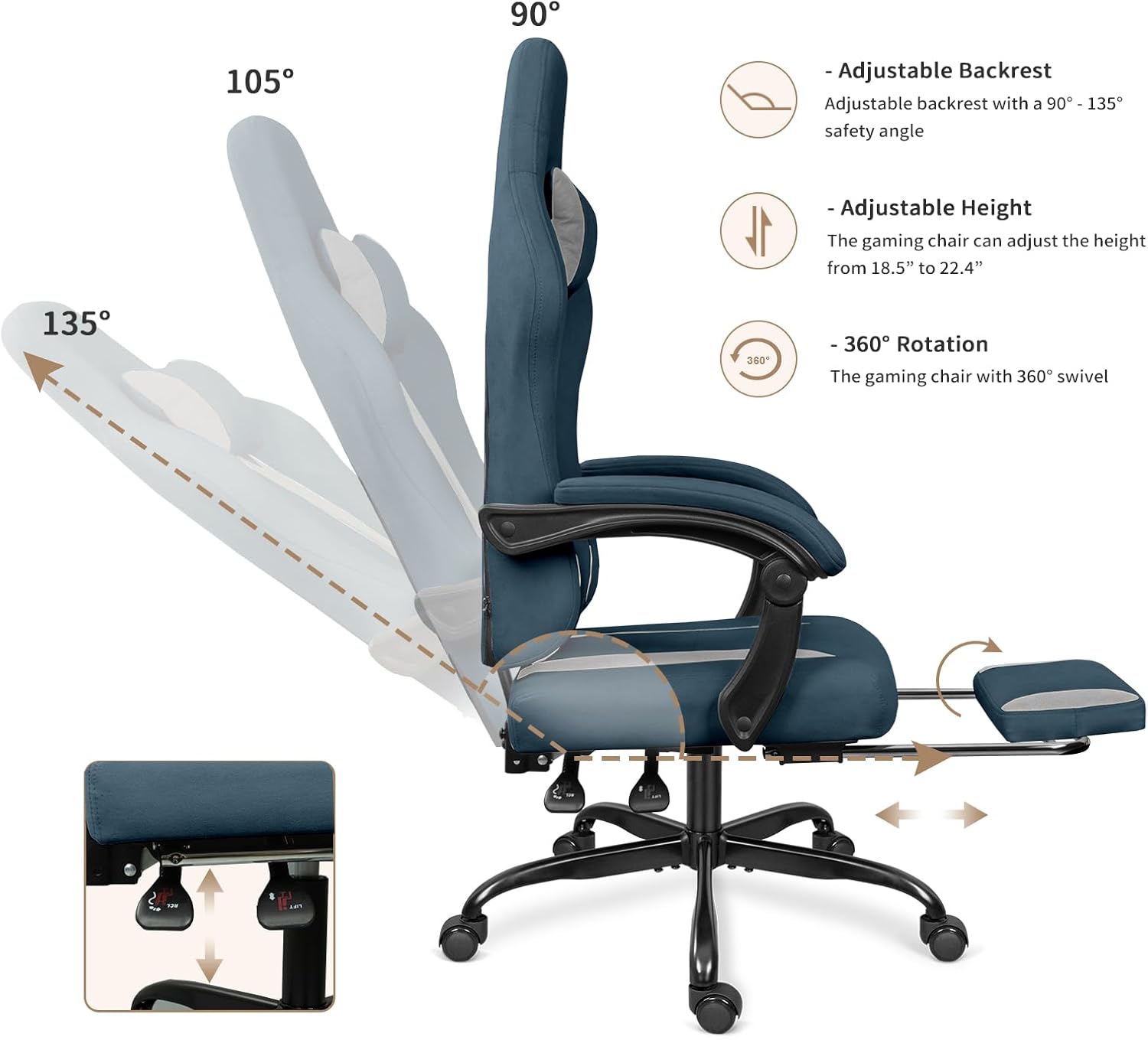 Breathable Fabric Gaming Chair with Footrest, Height Adjustable Game Chair, Video Gaming Chair for Gaming Room, Living Room and Office - Blue/Light Grey