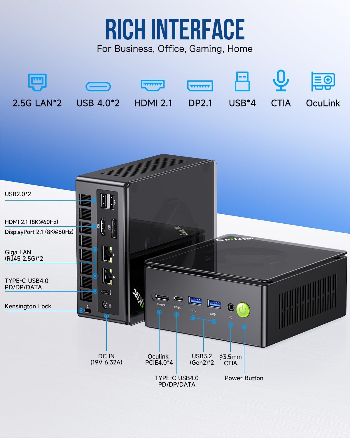 GMKtec Gaming Mini PC K8 Plus AMD Ryzen 7 8845HS(8C/16T, up to 5.1GHz) 32GB DDR5 RAM 2TB SSD, Desktop Computer Dual NIC 2.5G, HDMI 2.1, USB4
