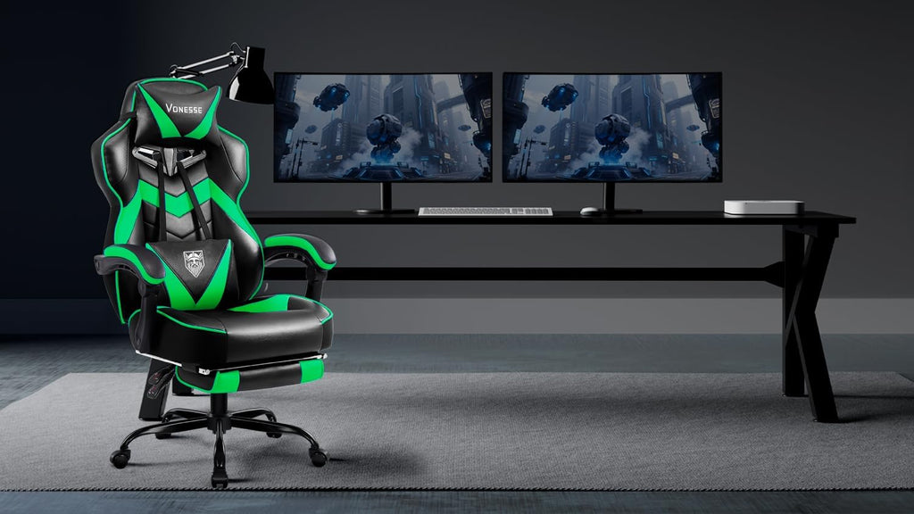 Vonesse Gaming Chair, High Back Gaming Chair with Footrest and Massage, Gaming Chairs for Adults with Pocket Spring Cushion, Big and Tall Reclining Computer Chair with Lumbar Support (Green/Black)