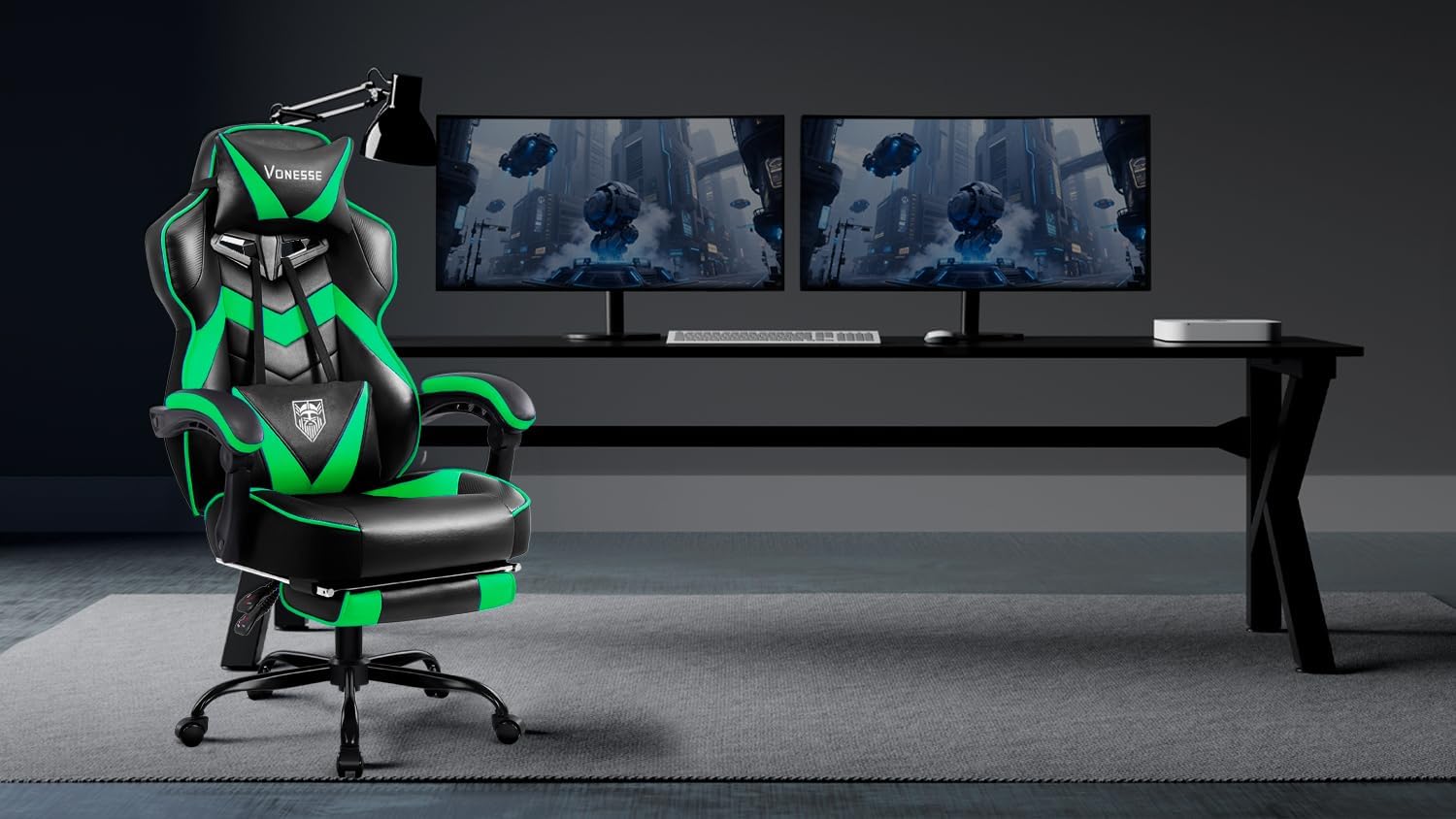 Vonesse Gaming Chair, High Back Gaming Chair with Footrest and Massage, Gaming Chairs for Adults with Pocket Spring Cushion, Big and Tall Reclining Computer Chair with Lumbar Support (Green/Black)