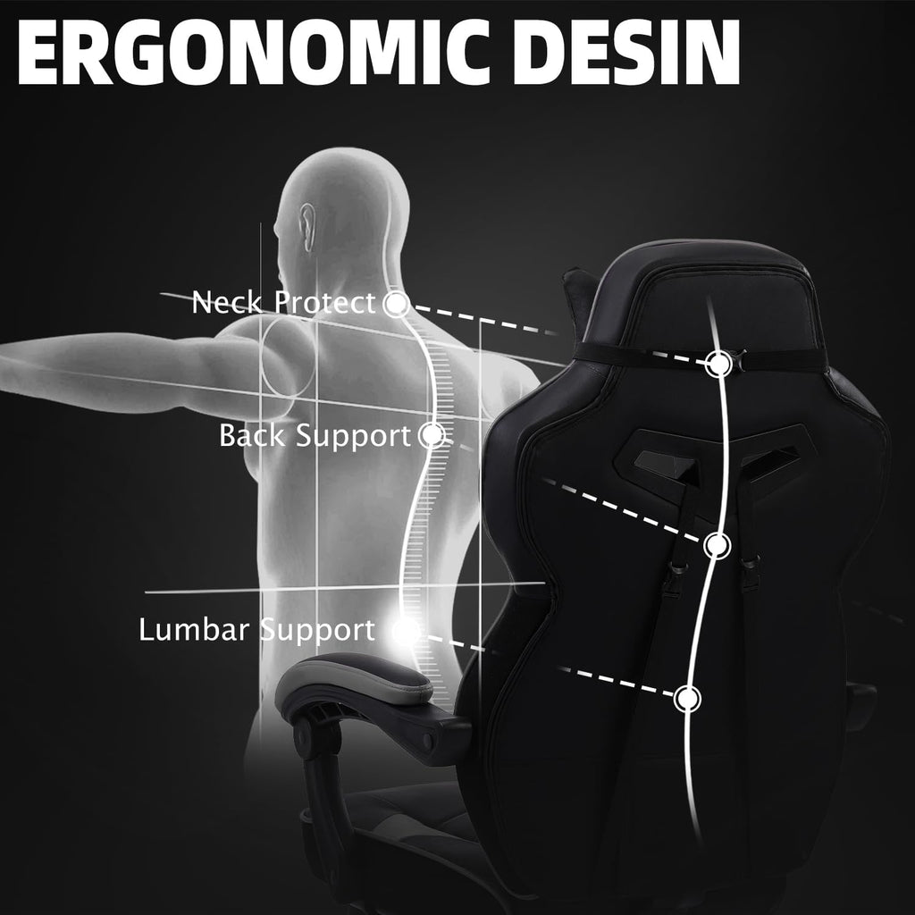 Vonesse Gaming Chair, High Back Gaming Chair with Footrest and Massage, Gaming Chairs for Adults with Pocket Spring Cushion, Big and Tall Reclining Computer Chair with Lumbar Support (Grey/Black)