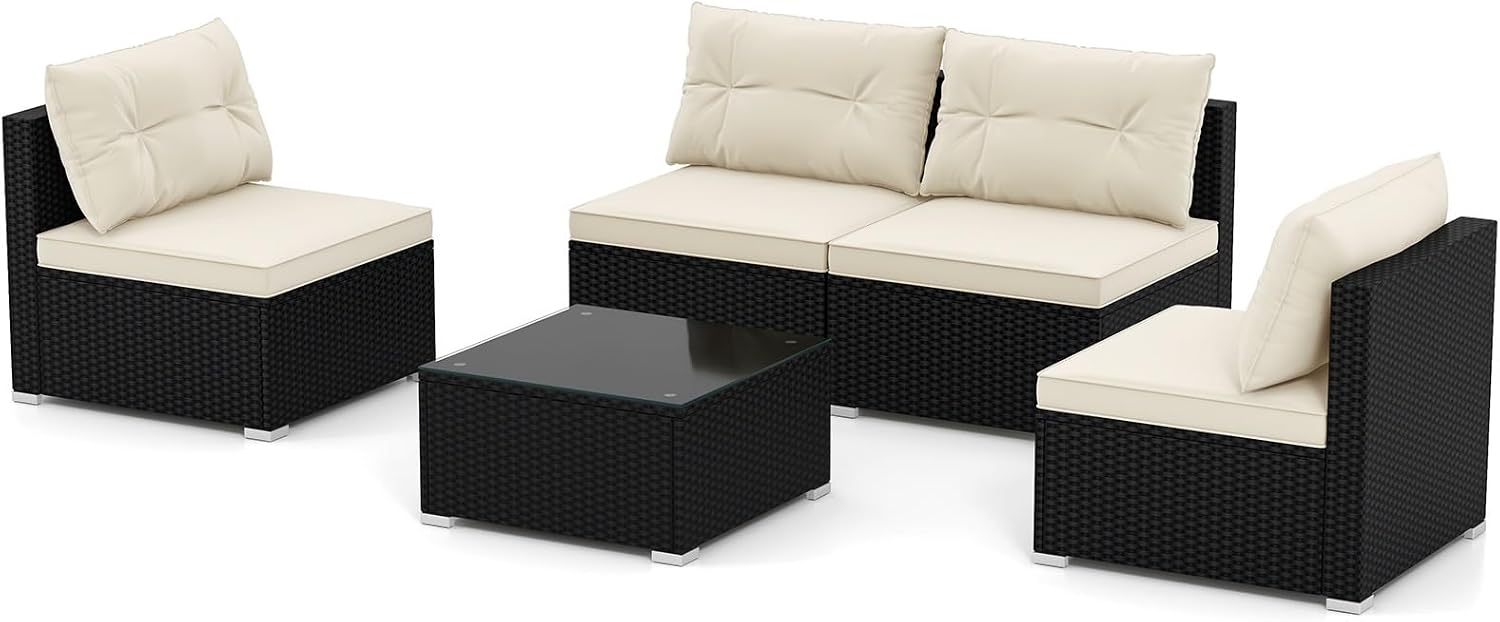 RELAX4LIFE 5-Piece Outdoor Patio Furniture Set, Rattan Sectional Sofa Set w/Glass-Top Coffee Table, Soft Seat & Back Cushions, Bistro Set for Garden Backyard Porch, Wicker Conversation Set (Off White)
