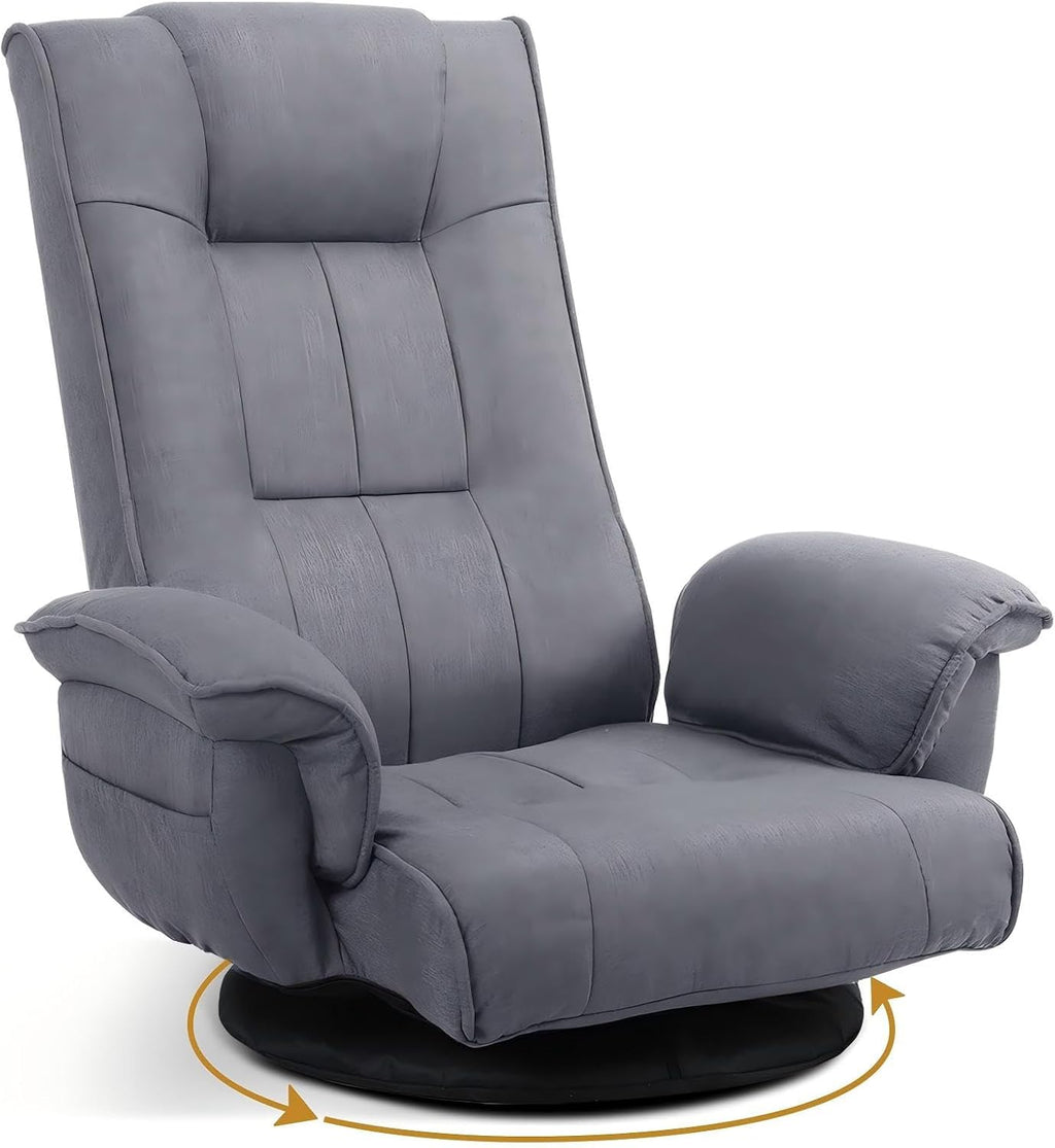 Ergonomic Swivel Floor Gaming Chair with Armrests & Side Pockets, 6-Position Reclining Sofa Bed, Foldable Padded Lounger with Thick Cushion & Lumbar Support for Esports, Reading, TV Watching (Grey)