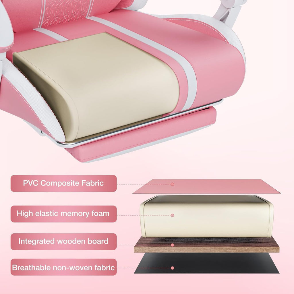 HOFFREE Pink Led Gaming Chair with Bluetooth Speakers Massage Gaming Chair with RGB Lights Big and Tall Gamer Chairs for 400lbs Heavy People High Back Computer Desk Chair with Footerst Pink and White