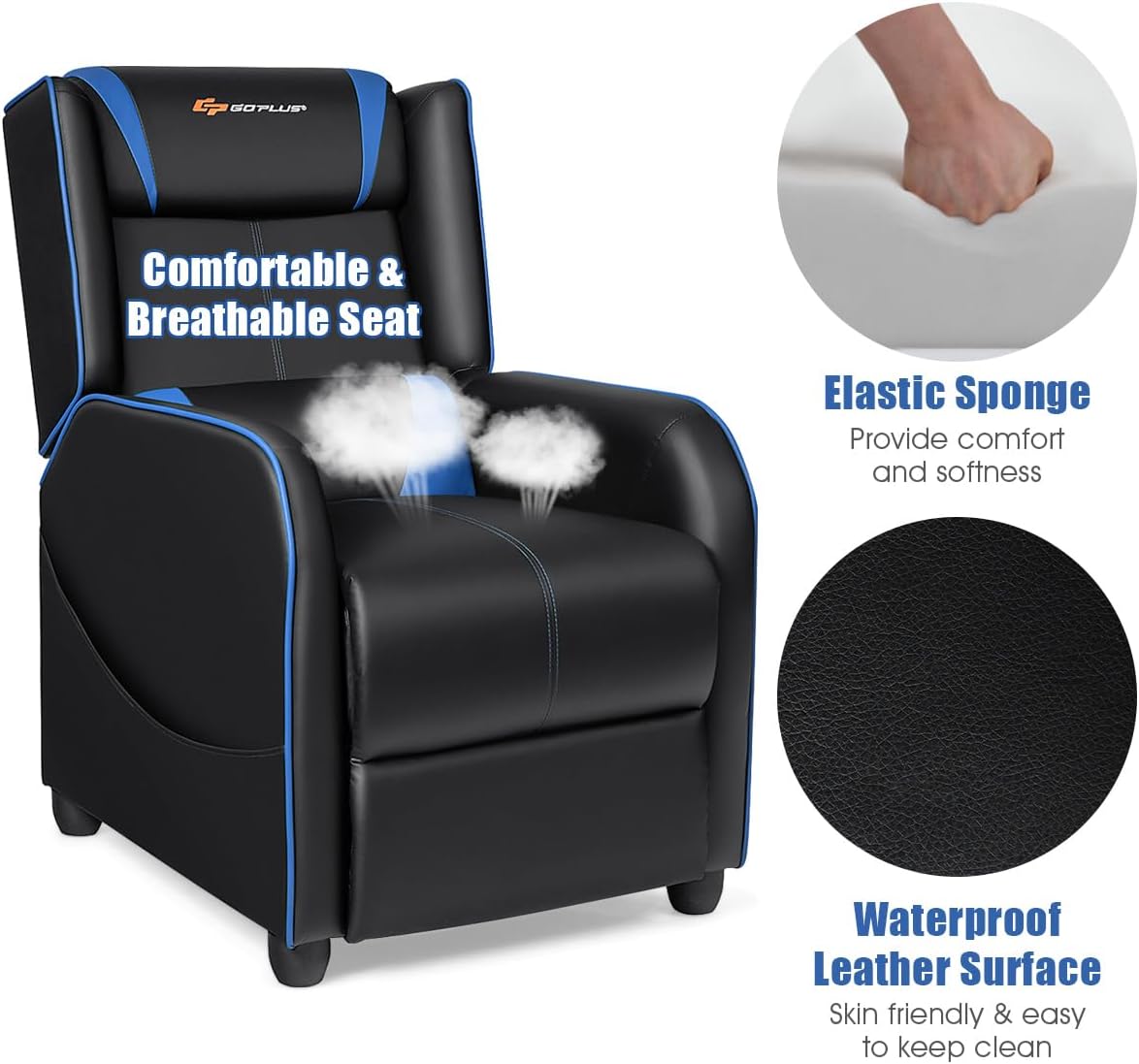 Goplus Massage Gaming Recliner Chair, Racing Style PU Leather Single Recliner Sofa with Footrest, Adjustable Modern Living Room Recliners, Ergonomic Home Theater Recliner Seat (Blue)