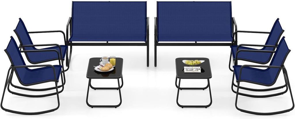 Tangkula 8 Piece Rocking Patio Furniture Set, 4 Rocking Chairs & 2 Loveseat with Glass-Top Table, Patio Rocking Set with Smooth Rocking Motion, Outdoor Rocker Conversation Set for Porch, Yard