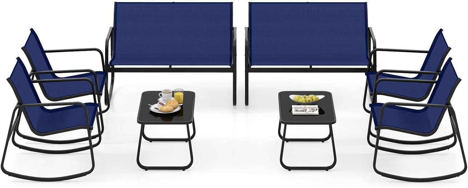 Tangkula 8 Piece Rocking Patio Furniture Set, 4 Rocking Chairs & 2 Loveseat with Glass-Top Table, Patio Rocking Set with Smooth Rocking Motion, Outdoor Rocker Conversation Set for Porch, Yard