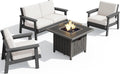 SERWALL Patio Furniture Set with 33' Fire Pit Table, HDPE Outdoor Sectional Sofa Set with Thickened Cushions, Grey Frame with Khaki Cushions