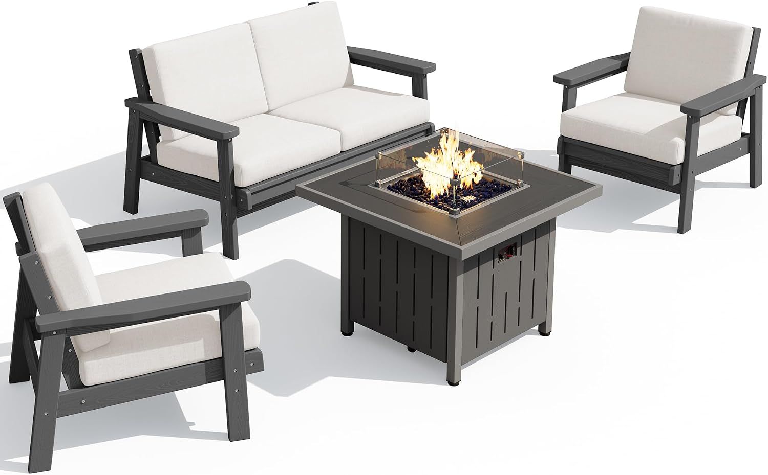 SERWALL Patio Furniture Set with 33' Fire Pit Table, HDPE Outdoor Sectional Sofa Set with Thickened Cushions, Grey Frame with Khaki Cushions