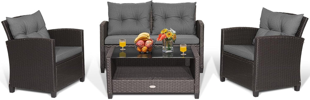 Tangkula 4-Piece Outdoor Rattan Furniture Set, PE Rattan Wicker Sectional Sofa with Loveseat Chair & Glass Table, Patio Cushioned Conversation Sets for Backyard Porch Garden Poolside (1, Gray)