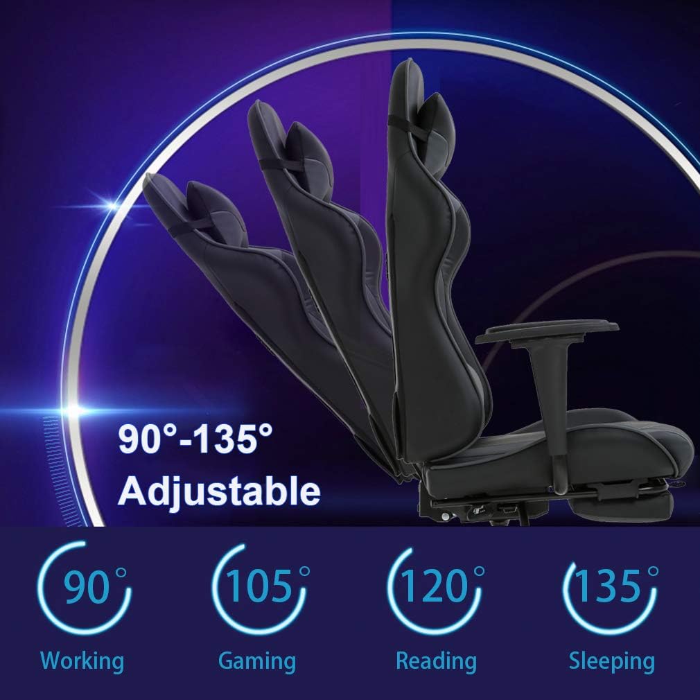 BestOffice Ergonomic Gaming Chair, Grey, Adjustable, Vibration, Faux Leather