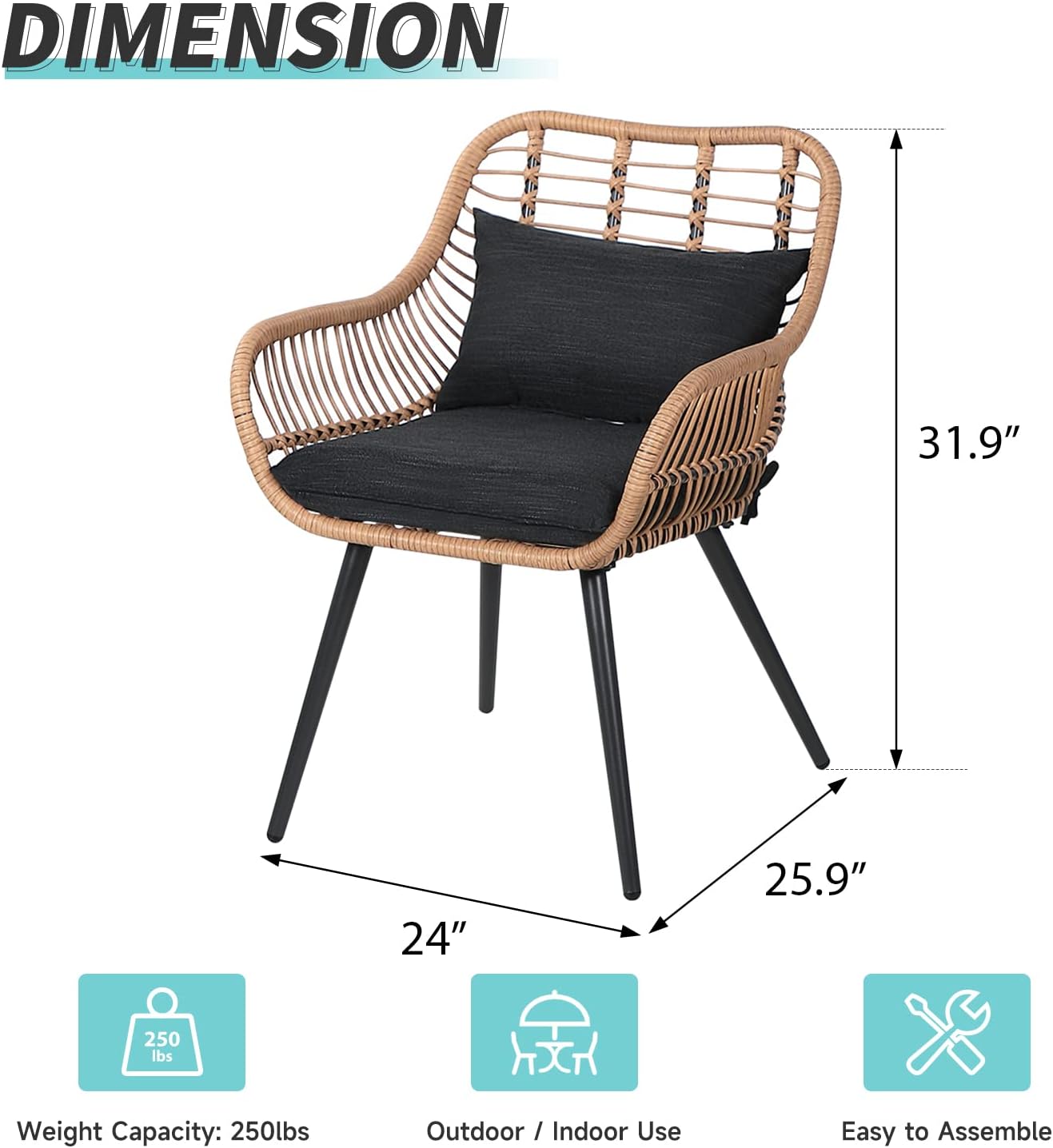 Verano Garden Set of 2 Patio Dining Chairs, Outdoor Wicker Seating Set with Soft Cushion for Indoor & Outdoor Use, Modern Wicker Dining Chairs for Backyard
