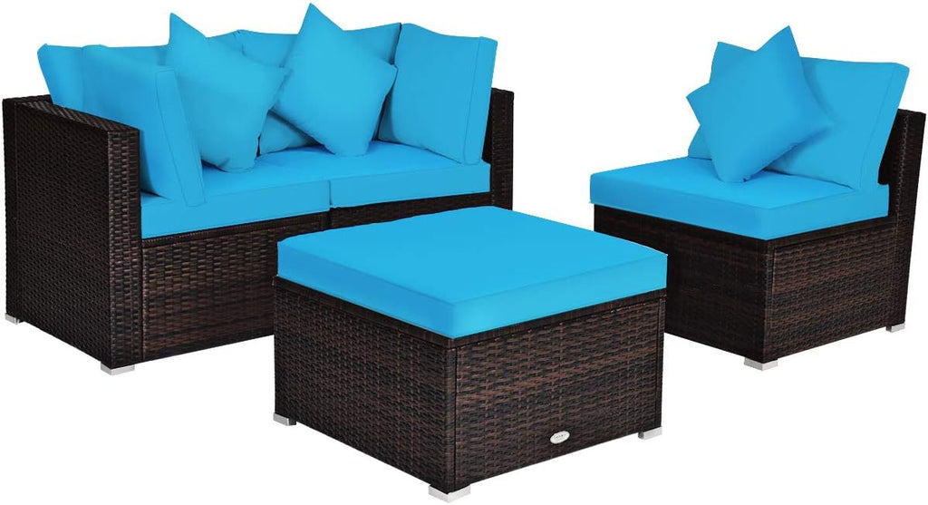 Tangkula 4 Pieces Patio Furniture Set, All Weather Outdoor Sectional Rattan Sofa Set w/Removable Cushions & Pillows, Wicker Conversation Set with Heavy-Duty Steel Frame for Backyard Garden Poolside