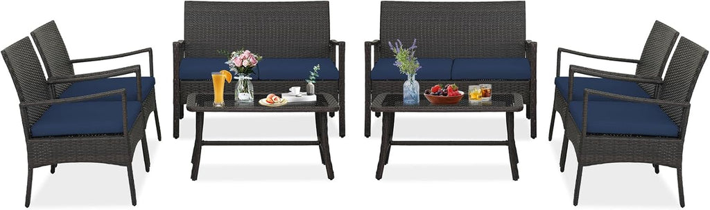 Tangkula 8 Pieces Outdoor Conversation Set, Patio PE Wicker Sofa with Tempered Glass Coffee Table, Soft Seat Cushions Included, Modern Rattan Chair Table Set for Porch, Backyard (2, Navy)