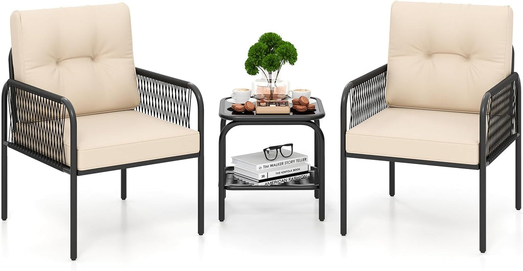 Tangkula 3 Pieces Patio Bistro Set, PE Rattan Furniture Set with Tempered Glass Table, Chairs, Back and Seat Cushions, Outdoor Wicker Conversation Set for Porch, Backyard, Garden and Poolside