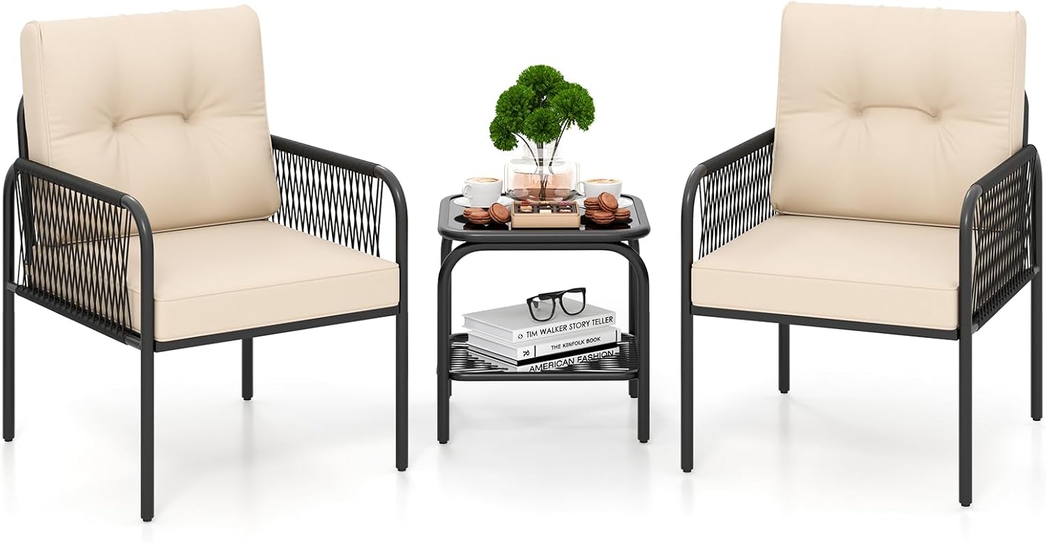 Tangkula 3 Pieces Patio Bistro Set, PE Rattan Furniture Set with Tempered Glass Table, Chairs, Back and Seat Cushions, Outdoor Wicker Conversation Set for Porch, Backyard, Garden and Poolside