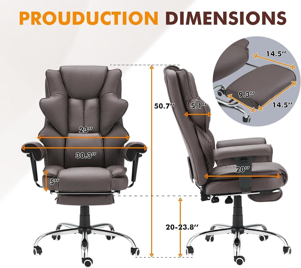 HOMREST 6-Point Massage Executive Chair,Heat Office Chair,Ergonomic Home Office Desk Chairs with Retractable Footrest and Reclining Function,Leather Computer Chair with Adjustable Armrest(‌Brown)