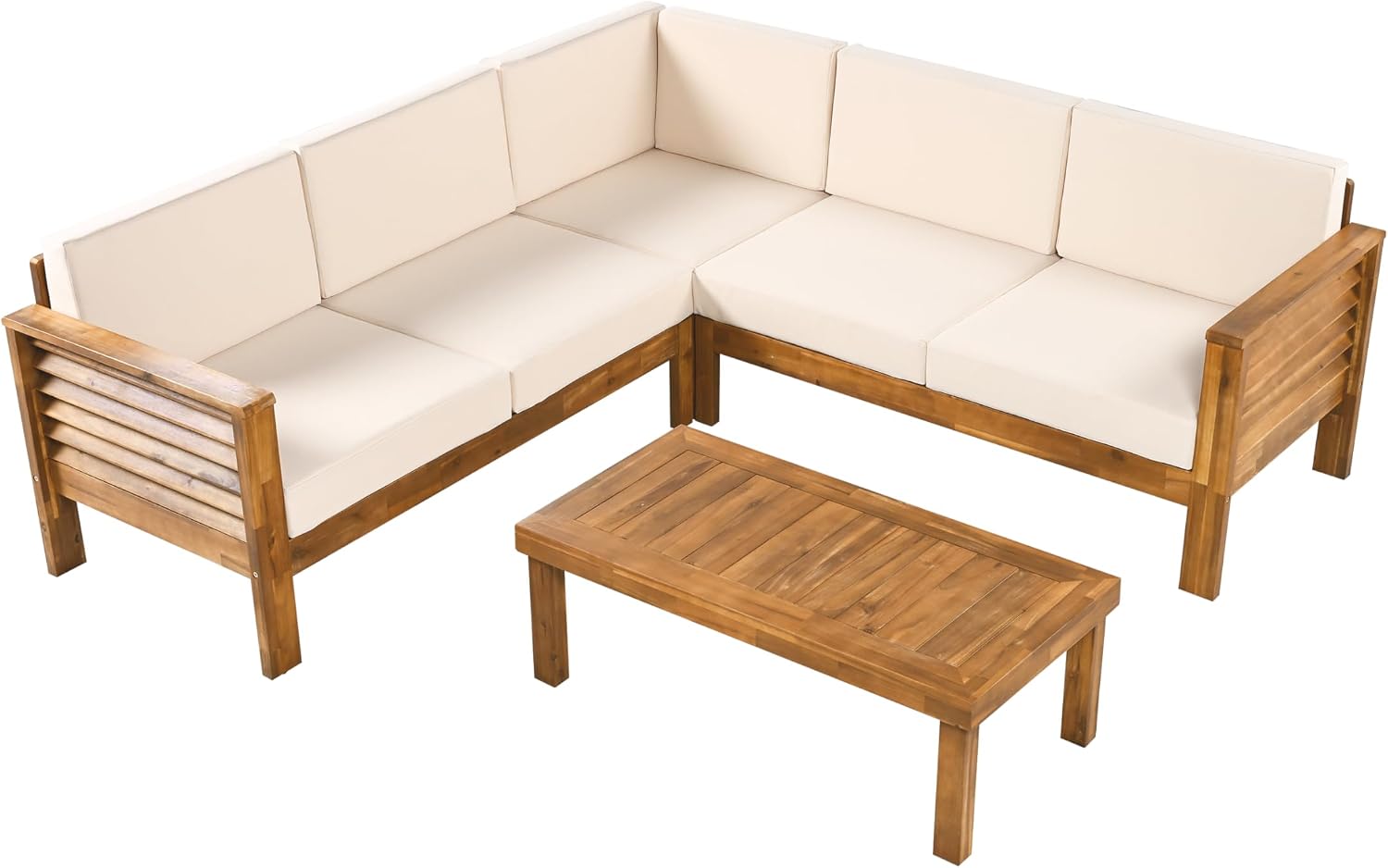 Christopher Knight Home Havets 81.25' Sectional L Shaped Sofa, 4 Pieces Acacia Wood Patio Furniture Set, Slat Coffee Table, Spacious Seat and Table Set for Backyard Garden Balcony, Teak+Beige