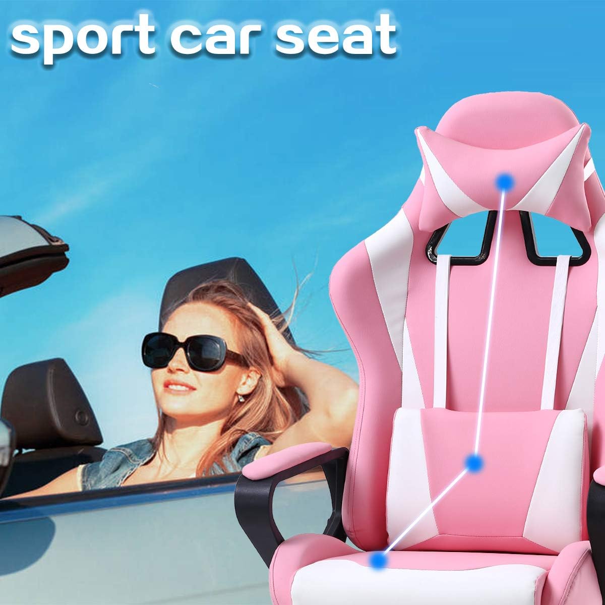 PC Gaming Chair Office Chair Racing Desk Chair with Lumbar Support Arms Headrest Massage High Back PU Leather Ergonomic Computer Chair Rolling Adjustable Swivel Chair for Women Men Adult, Pink