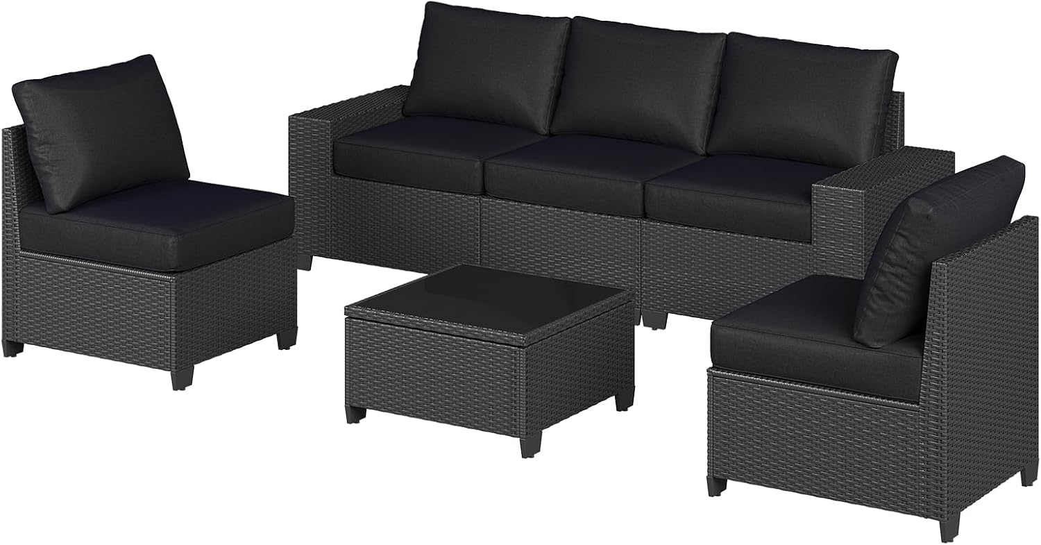 Aoxun Patio Furniture Set, 6 Pcs Outdoor Patio Furniture Sets with 4in Thicken Cushion, Widen Armrests Wicker Outdoor Sectional for Backyard & Garden, Black