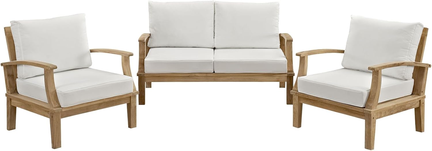 Modway Outdoor 3-Piece Marina Patio Teak Sofa Set, Natural White