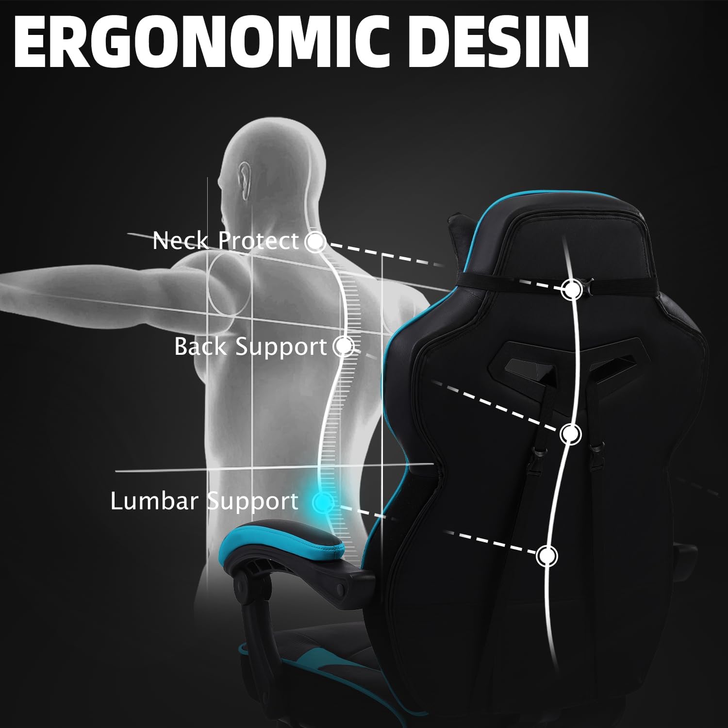 Vonesse Gaming Chair, High Back Gaming Chair with Footrest and Massage, Gaming Chairs for Adults with Pocket Spring Cushion, Big and Tall Reclining Computer Chair with Lumbar Support (Cyan/Black)