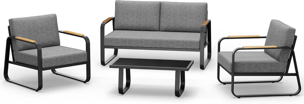 East Oak 4-Piece Patio Furniture Set, Outdoor Patio Set w/Removable & Washable Deep Seating Cushion, Outside Patio Conversation Sets for Backyard, New Upgraded Design, Black & Misty Gray
