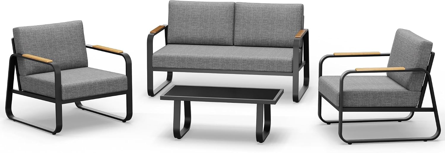 East Oak 4-Piece Patio Furniture Set, Outdoor Patio Set w/Removable & Washable Deep Seating Cushion, Outside Patio Conversation Sets for Backyard, New Upgraded Design, Black & Misty Gray