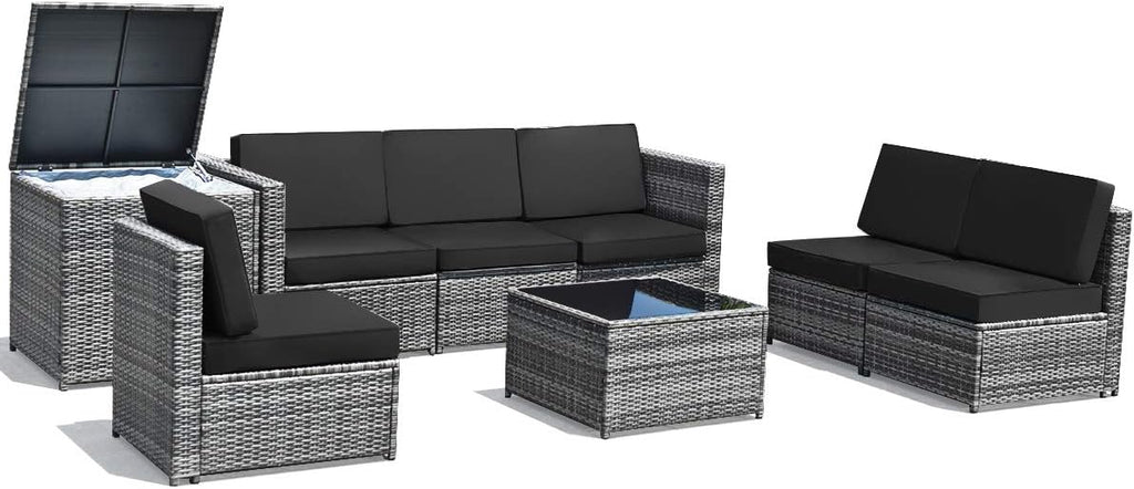 Tangkula 8 Pieces Wicker Patio Furniture Set with Storage Deck Box, PE Rattan Outdoor Sectional Sofa Conversation Set with Coffee Table & Cushions, Outside Furniture for Garden Yard Poolside (Black)