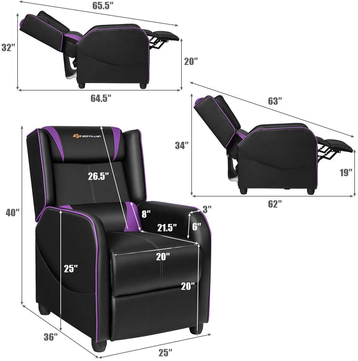 Goplus Massage Gaming Recliner Chair, Racing Style PU Leather Single Recliner Sofa with Footrest, Adjustable Modern Living Room Recliners, Ergonomic Home Theater Recliner Seat