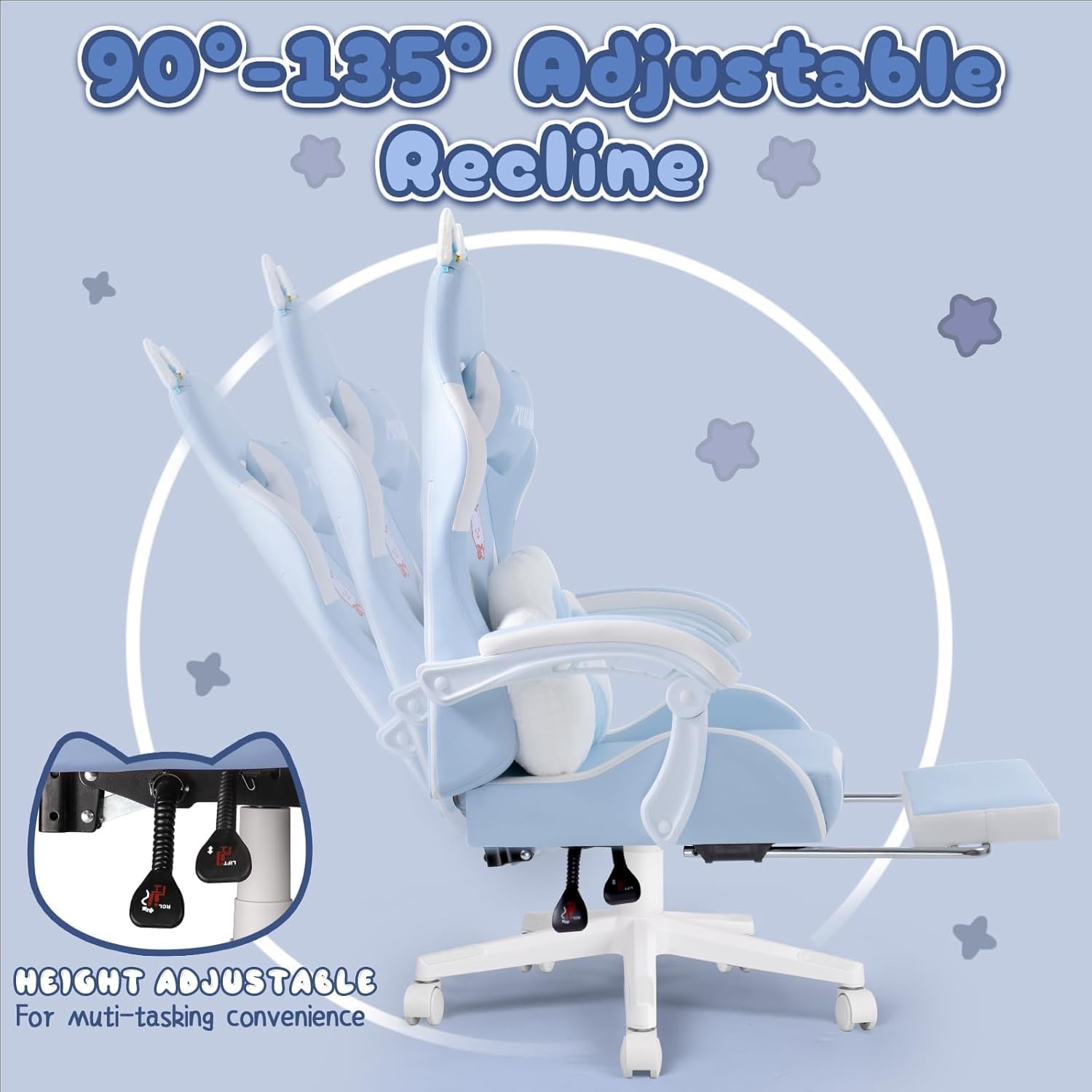 PUKAMI Gaming Chair with Cat Ears,Cute Computer Chair for Girl with Footrest,Ergonomic Gamer Chair, Kawaii Gaming Chair, Game Chair (Blue)