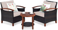 Tangkula 3 Pieces Patio Furniture Set, Outdoor Rattan Sofa and Side Table w/Solid Acacia Wood Frame, High Load Bearing Conversation Bistro Set w/Washable and Removable Cushions (Beige)