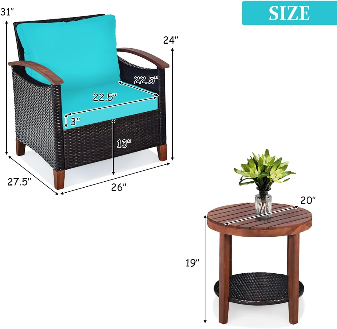 Tangkula 3 Pieces Patio Furniture Set, Outdoor Rattan Sofa and Side Table w/Solid Acacia Wood Frame, High Load Bearing Conversation Bistro Set w/Washable and Removable Cushions (Turquoise)