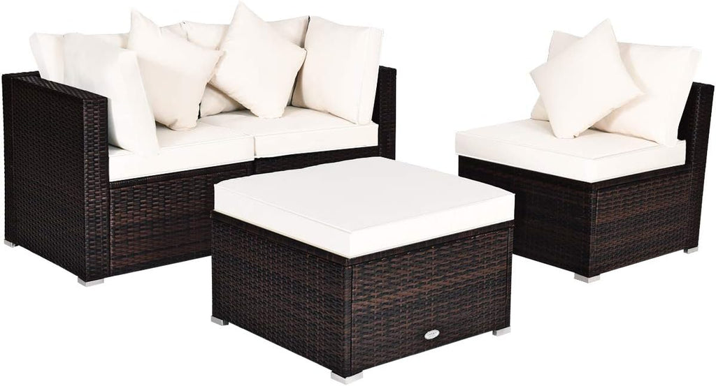 Tangkula 4 PCS Patio Rattan Sofa Set, Outdoor Wicker Sectional Furniture Set, Patio Conversation Set with Removable Cushions & Pillows for Backyard Porch Garden Poolside Balcony (White)