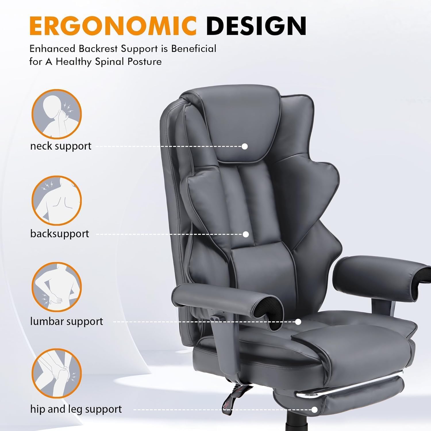 HOMREST 6-Point Massage Executive Chair,Heat Office Chair,Ergonomic Home Office Desk Chairs with Retractable Footrest and Reclining Function,Leather Computer Chair with Adjustable Armrest(‌Grey)