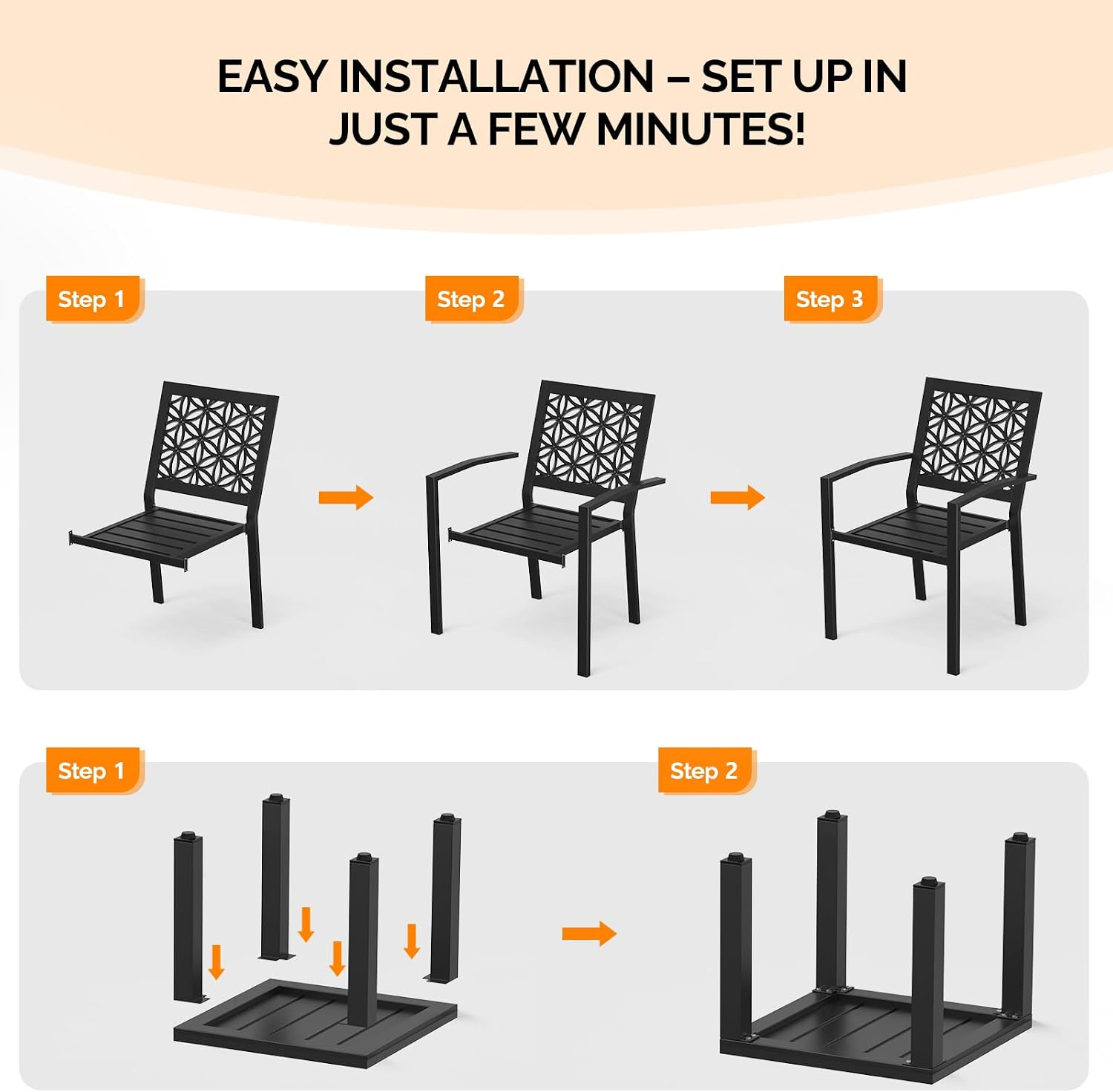 VINGLI 3-Piece Outdoor Bistro Set, Stackable Modern Metal Steel Table and Chairs with Rust-Resistant Coating, Small Patio Furniture Conversation Set for Porch, Deck, Balcony, Garden, Black