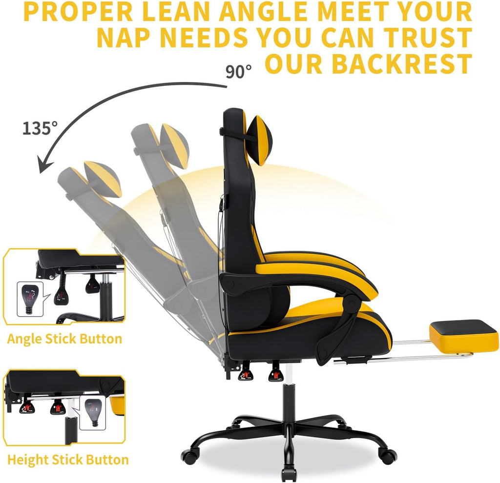 Gaming Chair with Massage,Ergonomic PC Gaming Chair with Footrest Comfortable Headrest and Lumbar Support,High Back Game Chair PVC Leather,300LBS (BlackYellow)