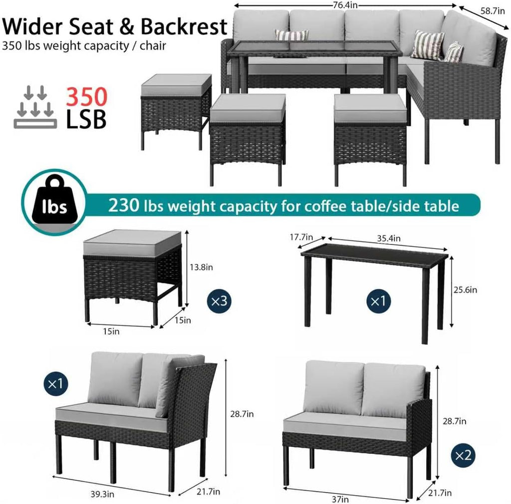 7-Piece Patio Furniture Set with Cushions and Pillows, Outdoor Wicker Sectional Sofa with Long Glass Coffee Table, All-Weather Conversation Set for Garden, Porch, Lawn, Gray