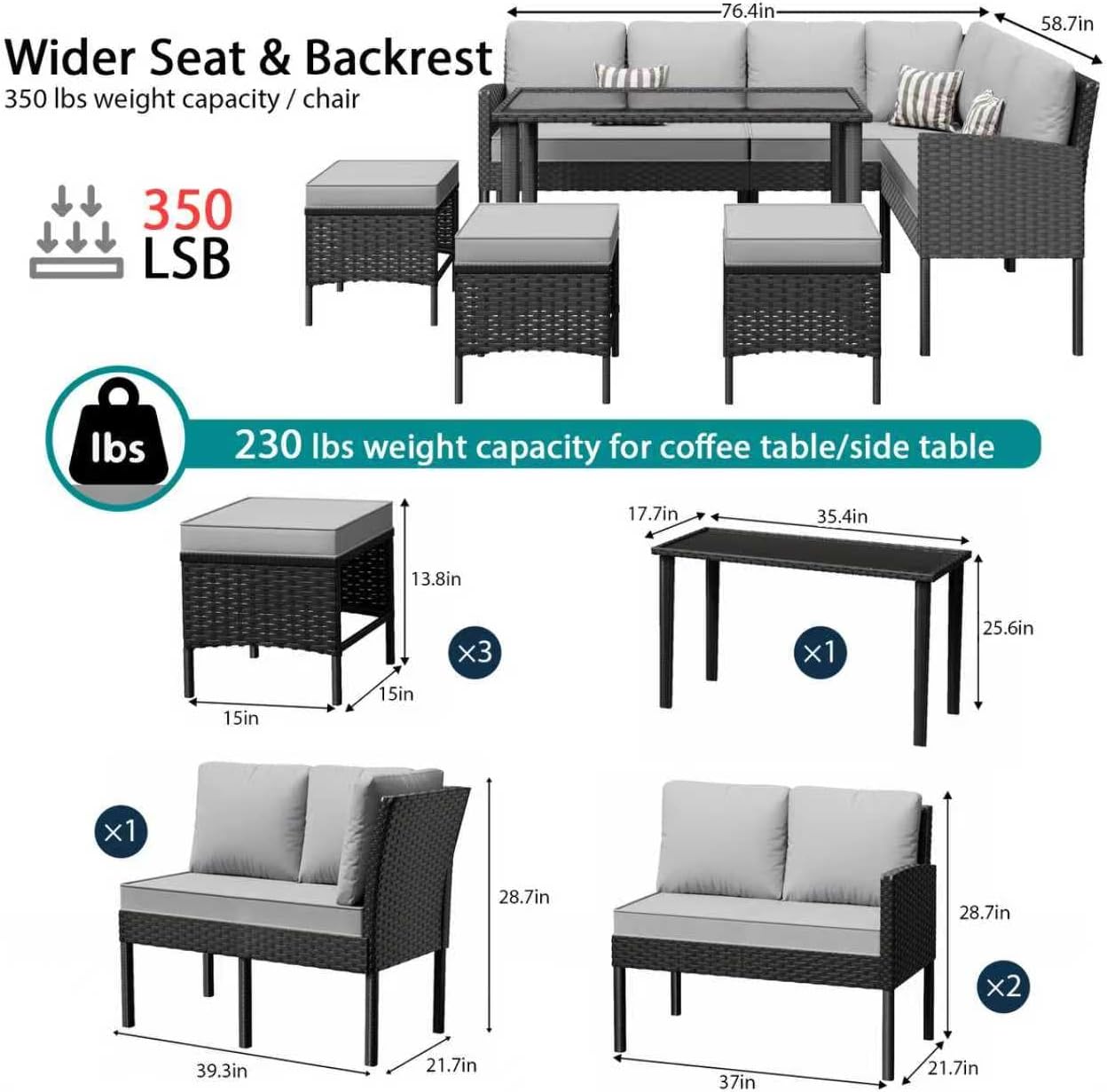 7-Piece Patio Furniture Set with Cushions and Pillows, Outdoor Wicker Sectional Sofa with Long Glass Coffee Table, All-Weather Conversation Set for Garden, Porch, Lawn, Gray