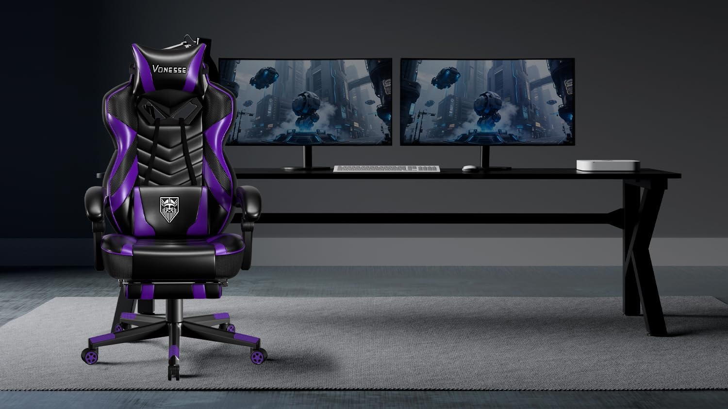 Vonesse Gaming Chair, Big and Tall Gaming Chair with Footrest and Massage, Gaming Chairs for Adults with Lumbar Support, Ergonomic High Back Computer Chair with Pocket Spring Cushion (Purple/Black)