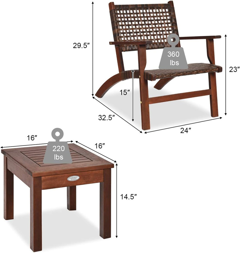 Tangkula 3 Pieces Patio Conversation Set, Solid Eucalyptus Wood Frame Outdoor Wicker Furniture Set Bistro Set with Coffee Table, Rattan Furniture Set for Backyard Porch Garden Poolside Balcony (Brown)