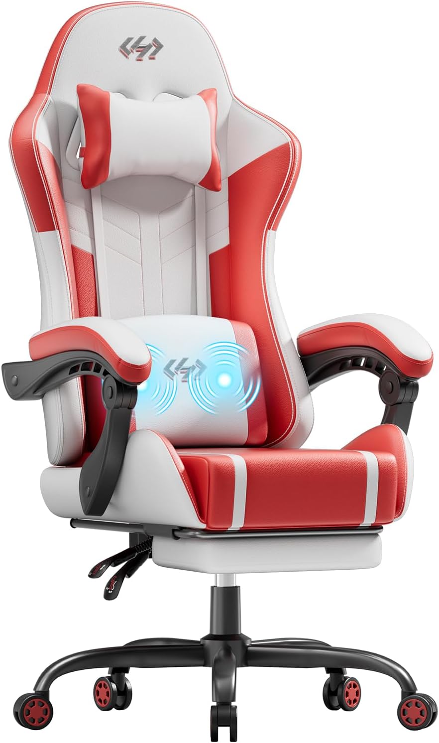 HLDIRECT Gaming Chair, Ergonomic Video Game Seat with 360° Swivel & Lumbar Massage, Computer Chair PU Leather Cushion for Adults Home/Office Use (White & Red)