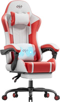 HLDIRECT Gaming Chair, Ergonomic Video Game Seat with 360° Swivel & Lumbar Massage, Computer Chair PU Leather Cushion for Adults Home/Office Use (White & Red)