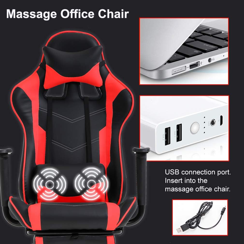 BestOffice Women's Red Gaming Chair, Sturdy Faux Leather, 360-Degree Rotating, Lumbar Support, Massage Vibration, Easy Assembly, 21.7'W x 20.9'D x 45'H