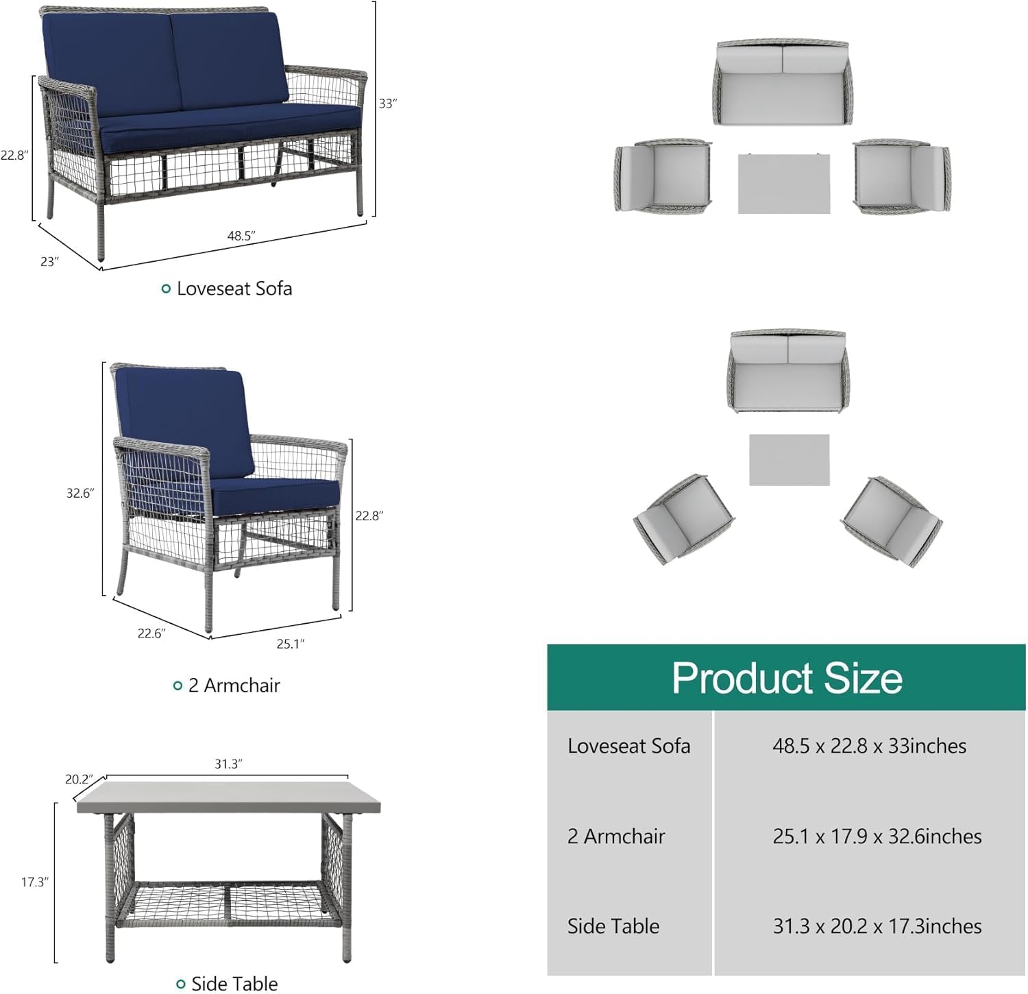 DECMICO 4 Pieces Outdoor Patio Furniture Set, Wicker Rattan Chairs & Loveseat Couch with Side Table and Cushions, All-Weather Patio Seating Set for Backyard, Deck, Porch (Dark Blue)