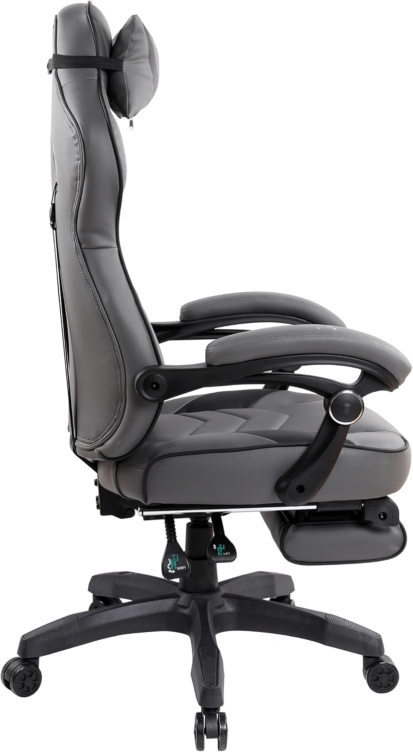Executive Office or Gaming Chair with Footrest, Padded PU Leather Office Chair with 150-Degree Recline, Lumbar Support & Headrest Pillow, Grey