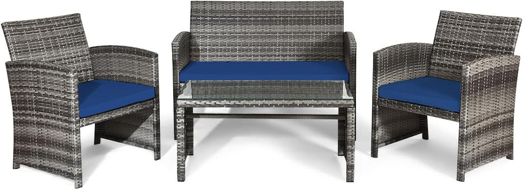 Giantex 4 Pc Patio Conversation Set, Rattan Loveseat & Patio Chairs with Cushioned Seat, Wicker Coffee Table, Outdoor Furniture Set for Front Porch Poolside Garden Lawn